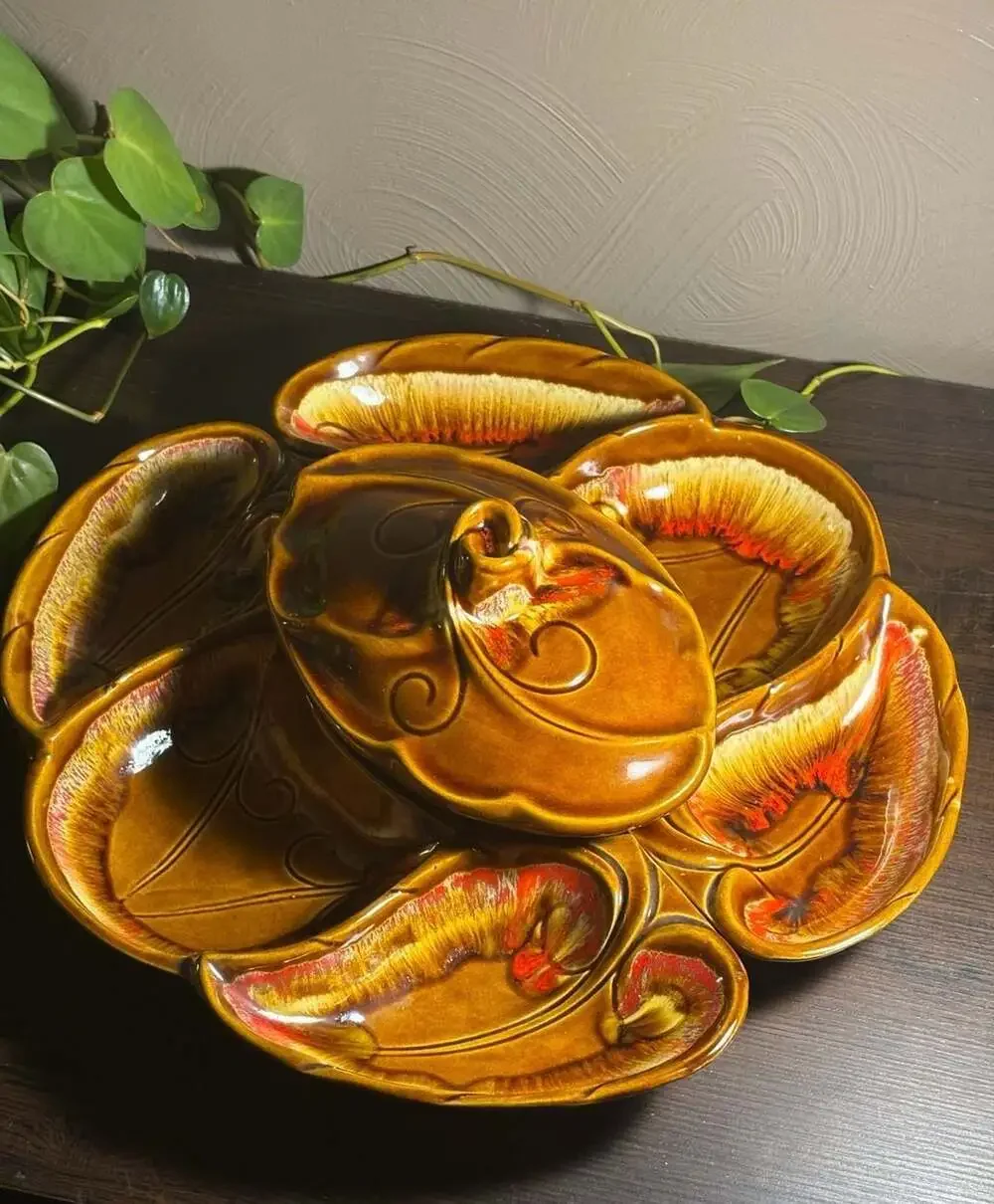 Vtg Maurice of California Mid-Century Modern Drip Glaze Pottery Dip Snack Set